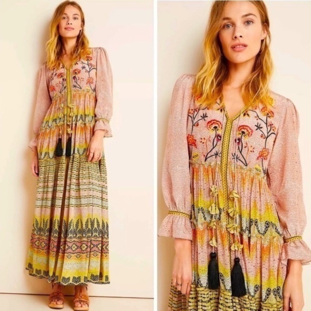 Anthropologie Bhanuni by Jyoti Giorgia Floral Embroidery Bead Floral Boho Dress